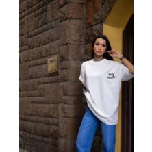 Alinn Butikk Unisex Bisiklet Yaka Baskılı Oversize T-Shirt - Beyaz