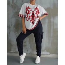 Alinn Butikk Unisex Bisiklet Yaka Baskılı Oversize T-Shirt - Beyaz