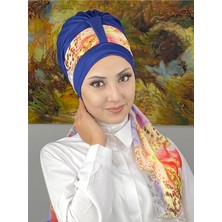 Butik Ambar Tek Biritli Floral Desenli Fularlı Bone - Saks Mavisi - Butik Ambar