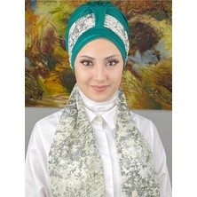 Butik Ambar Tek Biritli Floral Desenli Fularlı Bone - Zümrüt Yeşili - Butik Ambar