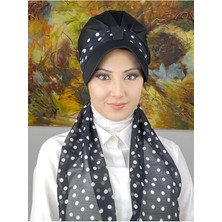Butik Ambar Floral Desenli Tek Biritli Fularlı Şapka - Siyah - Butik Ambar