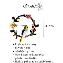 Elfos.Co Birdy Kuşlu Renkli Çiçekli Minimal Taşlı Çelenk Broş Yaka Aksesuarı Hediyelik Özel Keseli