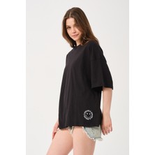 Owut Collection Kadın Bisiklet Yaka Baskılı Oversize T-Shirt