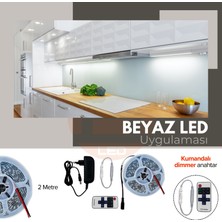 Amber LED 12V Yüksek Parlaklık 4040 Şerit LED Tak Çalıştır Hazır Set, 2 Metre Beyaz, Kumandalı Aç-Kapa Dimmer ve Adaptör Dahil, Gizli Aydınlatma, Mutfak, Tezgah, Dolap İçi ve Ayna İçin