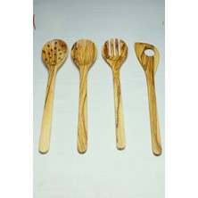 Ahşap Vadisi Zeytin Ağacı El Yapımı 30 cm 4 Parça Ahşap Mutfak Seti, Tahta Kaşık, Çatal, Spatula, Kevgir