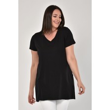 Sea Moda Büyük Beden V Yaka Yırtmaçlı Pamuk Basic Tshirt-Siyah