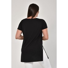 Sea Moda Büyük Beden V Yaka Yırtmaçlı Pamuk Basic Tshirt-Siyah