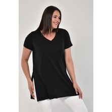 Sea Moda Büyük Beden V Yaka Yırtmaçlı Pamuk Basic Tshirt-Siyah