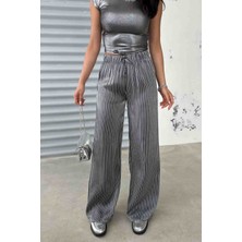 Cappmoda PNT-07394 Siyah Çizgili Saten Kumaş Bel Lastikli Palazzo Pantolon