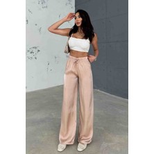 Cappmoda PNT-07394 Vizon Çizgili Saten Kumaş Bel Lastikli Palazzo Pantolon