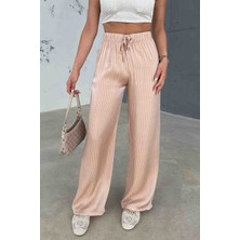 Cappmoda PNT-07394 Vizon Çizgili Saten Kumaş Bel Lastikli Palazzo Pantolon