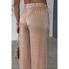 Cappmoda PNT-07394 Vizon Çizgili Saten Kumaş Bel Lastikli Palazzo Pantolon