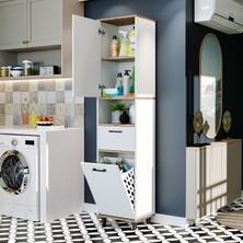 Roomart Çamaşır Sepetli Banyo Dolabı, Çok Amaçlı Çekmeceli Dolap 45 x 200 cm
