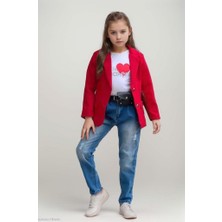 Riccotarz Kız Çocuk Kalp ve Little Baskılı Tişört ve Jean Kırmızı Blazer Ceket Alt Üst Takım