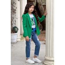 Riccotarz Kız Çocuk Üzeri Harf Pulpayet Tişört ve Jean Yeşil Blazer Ceket Alt Üst Takım