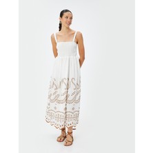 Koton Fisto Elbise Askılı Midi Boy Gipe Detaylı Astarlı Pamuklu