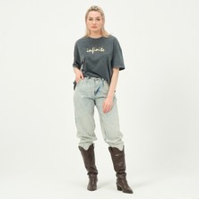 Owut Collection Kadın Antrasit Yıkamalı Infinite Baskı Detaylı Bisiklet Yaka T-Shirt