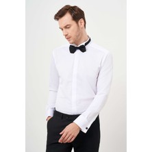 Morven  Erkek Beyaz Manşetli Jakar Desen Ata Yaka Slim Fit Gömlek