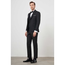 Morven  Erkek Siyah Poliviskon Ceromonia Jakar Desen Slim Fit Şal Çıkma Yaka Damatlık