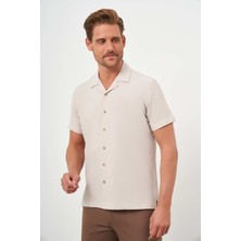 Morven  Erkek Bej Viscon Apaçi Yaka Regular Fit Kısa Kol Gömlek