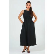 Julude Siyah Kadın Bisiklet Yaka Cep Detaylı Bel Kuşaklı Uzun Elbise P-00004939