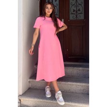 Julude Pembe Bisiklet Yaka Cep Detaylı Kısa Kol Elbise P-00009454