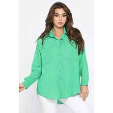Julude Yeşil Çift Cepli Kadın Yazlık Salaş Gömlek P-00010318