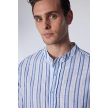 Slim Fit Uzun Kollu Dar Kalıp Çizgili Hakim Yaka Kol Katlamalı Keten Doku Yazlık Erkek Gömlek