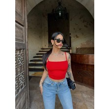 Joshua Kadın Kırmızı Scuba Kumaş U Yaka Ip Askılı Crop Top