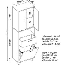 Roomart Çamaşır Sepetli Banyo Dolabı, Çok Amaçlı Çekmeceli Dolap 60 x 200 cm