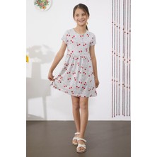 Cansın Mini Gri Kiraz Baskılı Kısa Kollu Kız Çocuk Yazlık Elbise 18787