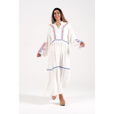 Keyifli Moda Kadın Beyaz V Yaka Balon Kollu Çiçek Nakışlı Uzun Elbise