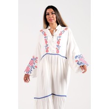 Keyifli Moda Kadın Beyaz V Yaka Balon Kollu Çiçek Nakışlı Uzun Elbise