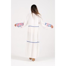 Keyifli Moda Kadın Beyaz V Yaka Balon Kollu Çiçek Nakışlı Uzun Elbise