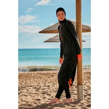 Marina Siyah Tam Kapalı Tesettür Mayo Yazlık Polyester Desenli Su İtici 4 Parça