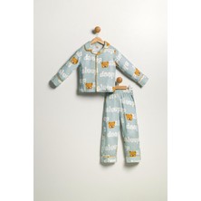 Pollito Çocuk Unisex Önü Düğmeli Mavi Ayıcık Sleep Desenli 2'li Alt Üst pijama takımı
