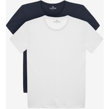 Tudors Unisex 2'li Paket Beyaz-Lacivert Slim Fit Dar Kesim %100 Pamuk Bisiklet Yaka Tişört