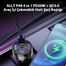 Ally P48 Siyah 4 In 1 PD20W + Qc3.0 Araç Içi Çakmaklık Hızlı Şarj Başlığı