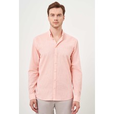Morven  Erkek Turuncu Keten Düz Desen Düğmeli Yaka Slim Fit Gömlek