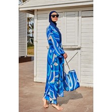 Marina Desenli Mavi Kimono Kaftan P2403
