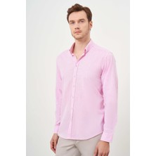 Morven  Erkek Pembe Keten Düz Desen Düğmeli Yaka Slim Fit Gömlek