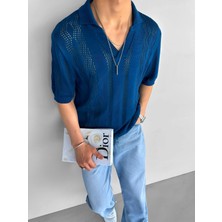 Abluka Online Erkek Oversize Yarım Pat Gömlek Yaka Desenli Örme T-Shirt Saks Mavi