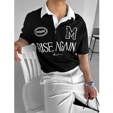 Abluka Online Oversize Fit Esnek 3 Düğmeli Polo Yaka Nakışlı T-Shirt Siyah