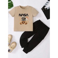 Kids Face Özel Tasarım Astronot Ayıcık Baskılı Kısa Kollu Yazlık Erkek Çocuk Eşofman Takımı