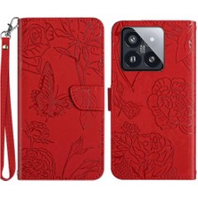 Mays Shop Xiaomi 14 Çiçekler ve Kelebekler Anti-Damla Koruma Pu Deri (Yurt Dışından)