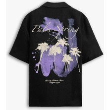 Erkek Oversize Polo Yaka Grafik Baskılı Gömlek Siyah