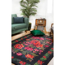 Halı Atölyesi Klasik Siyah Salon&yolluk Dijital Baskılı Makinede Yıkanabilir Kaymaz Taban Saçaklı Halı HK115