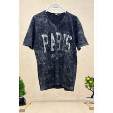 Sahnemoda V Yaka Paris Baskı Yıkamalı Tshirt