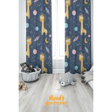 Moud's Uzaylı Zürafa Desenli Baskılı Çocuk ve Bebek Odası Fon Perdesi 2 Kanat - Prd-17