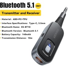 Essager BT10 Bluetooth 5.1 Çevirici Adaptör CE/FC/ROHS Lisanslı Araba Müzik Kulaklık Hoparlör Verici Alıcı Kablosuz 3.5mm Jack Çok Fonksiyonlu İkili Mod Geçişi Yeni Nesil Son Teknoloji